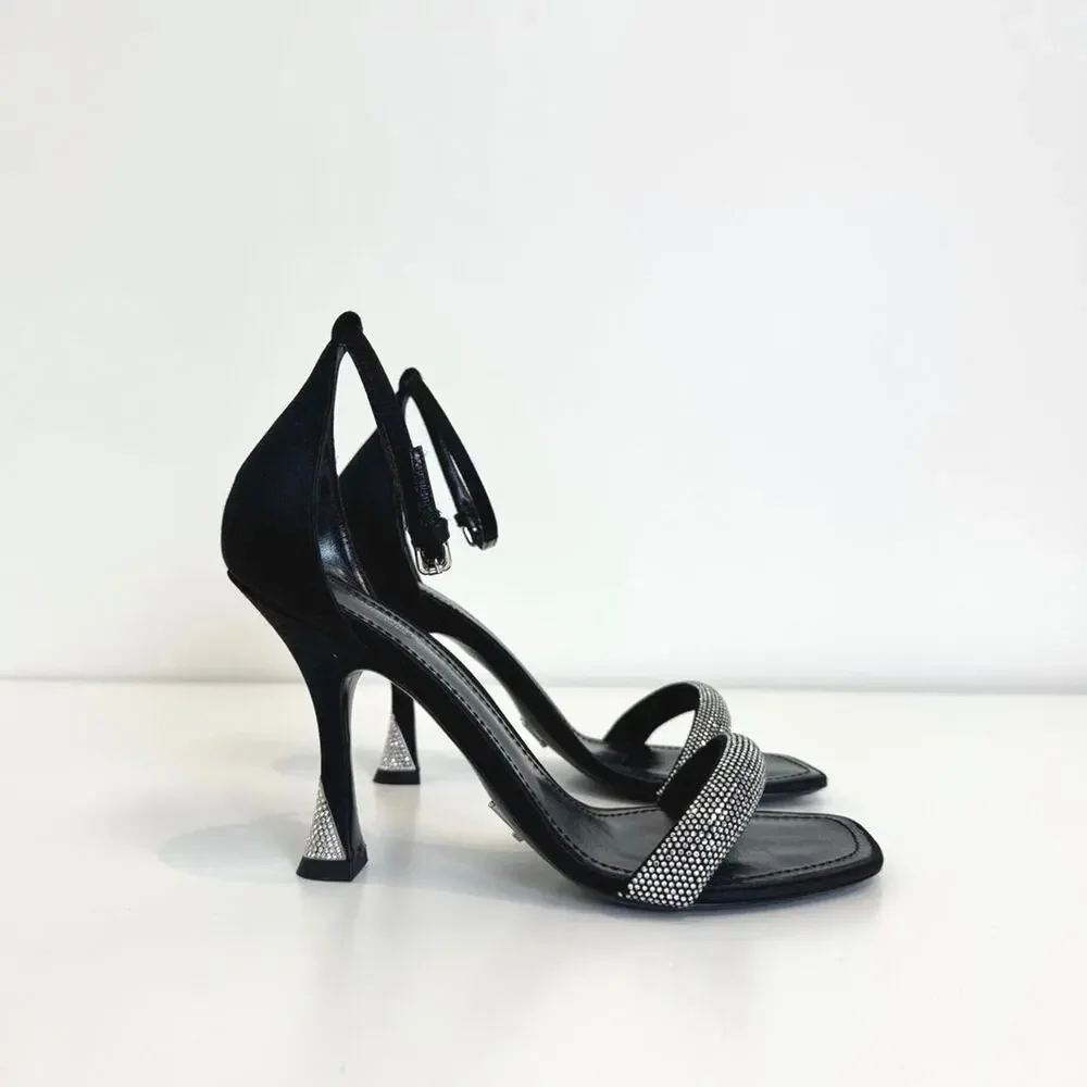 Louis Vuitton Black Satin Rhinestone Ankle Strap Heeled Sandals 37.5 NEW LV Shoe